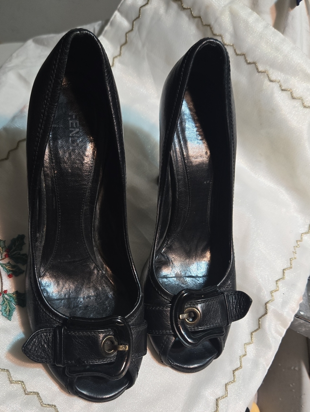 Fendi Black Leather Peep-Toe Heels with Buckle Accent
